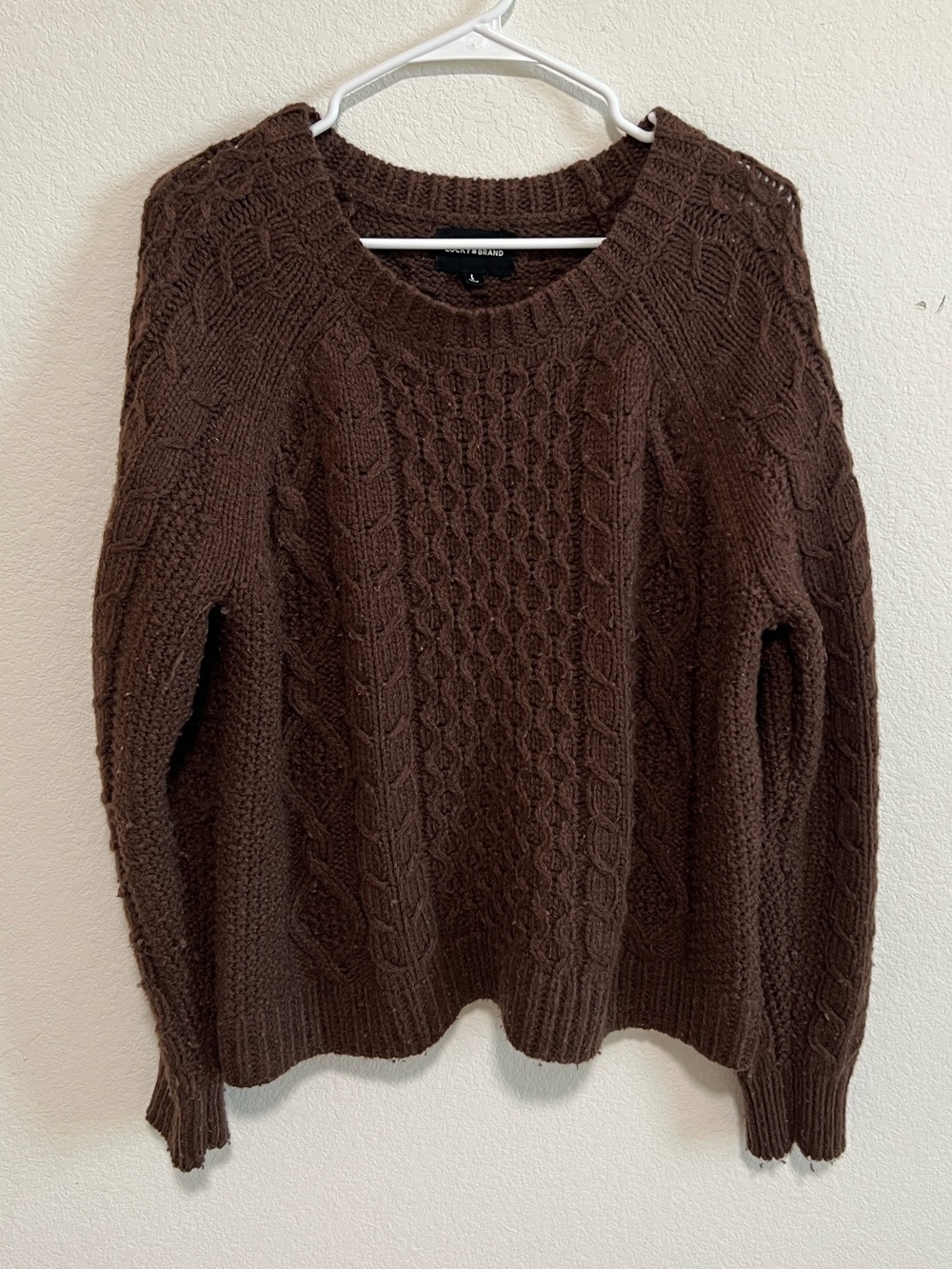 Lucky Brand Chunky Cable Knit Dark Brown women’s Sweater Sz L Wool blend